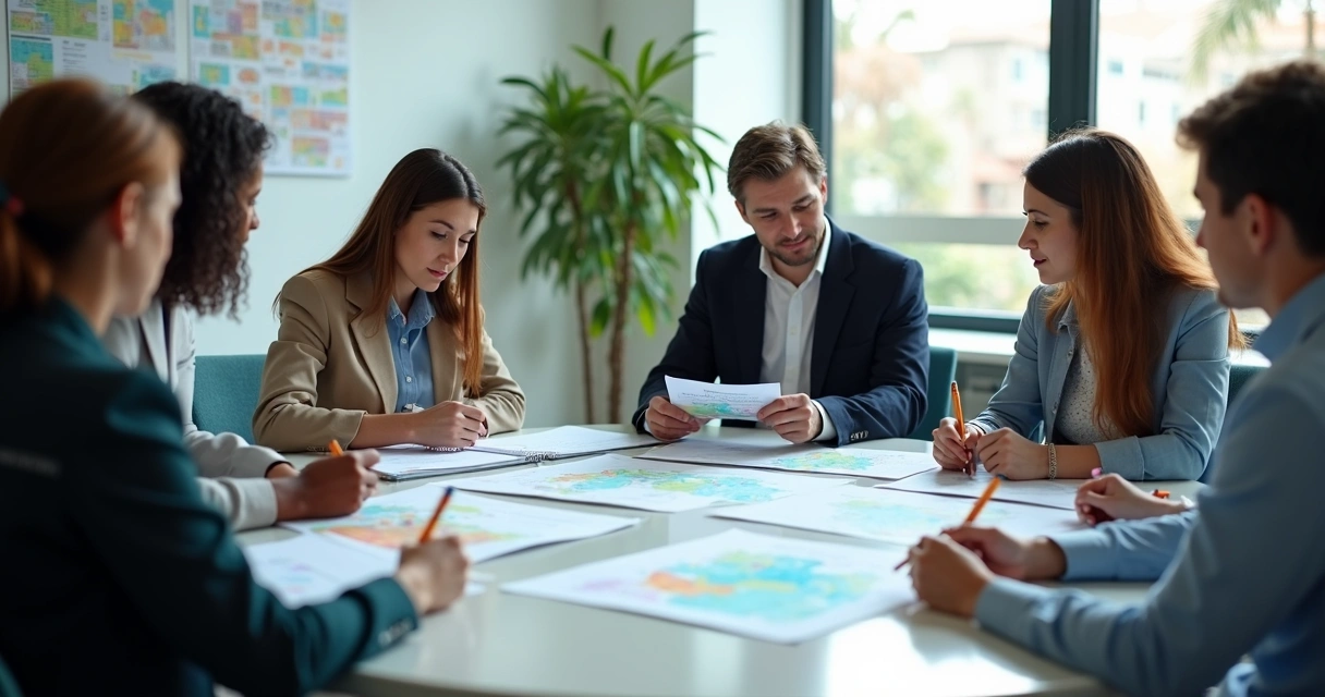 Equipe municipal reunida em mesa com mapas e anotações 