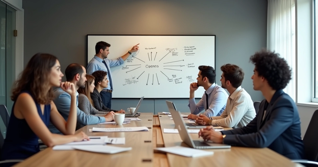 Equipe de negócios reunida avaliando opções de decisão 