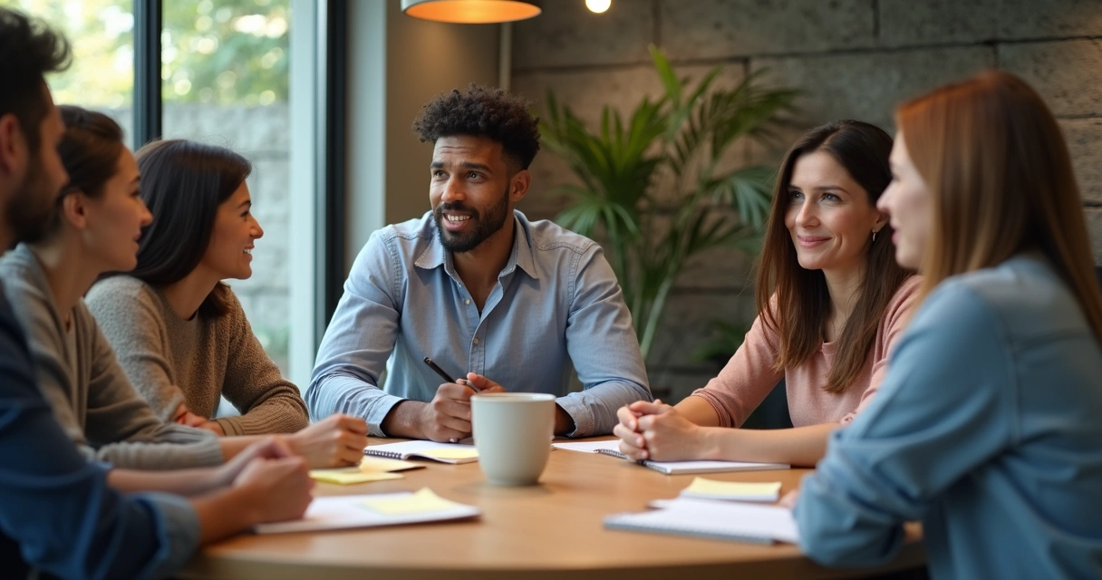 Pequeno grupo em reunião de trabalho, todos atentos, luz suave, notas e xícaras na mesa