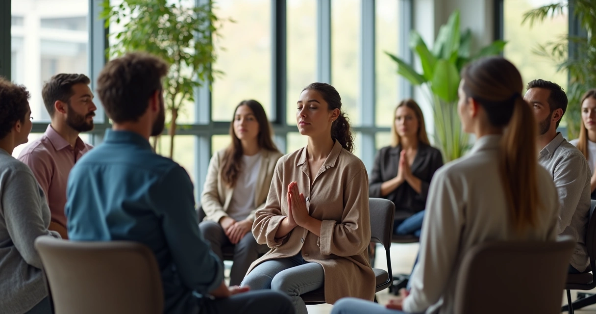Equipe reunida em círculo fazendo exercício de reflexão 