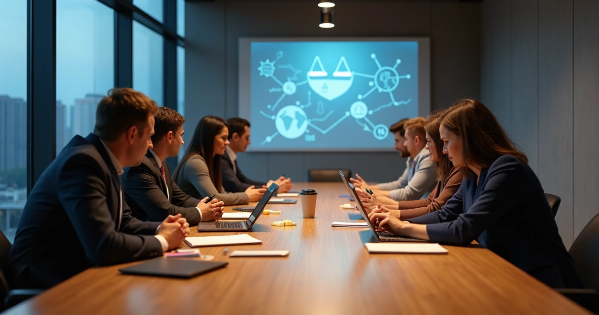 Grupo diverso em reunião corporativa observando símbolos éticos projetados na parede 