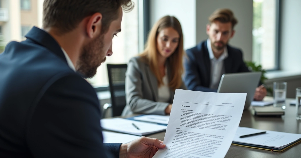 Pessoa revisando relatório com anotações em reunião de trabalho 