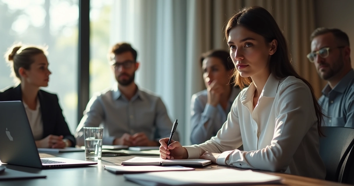 Profissional em reunião observando colegas e anotações