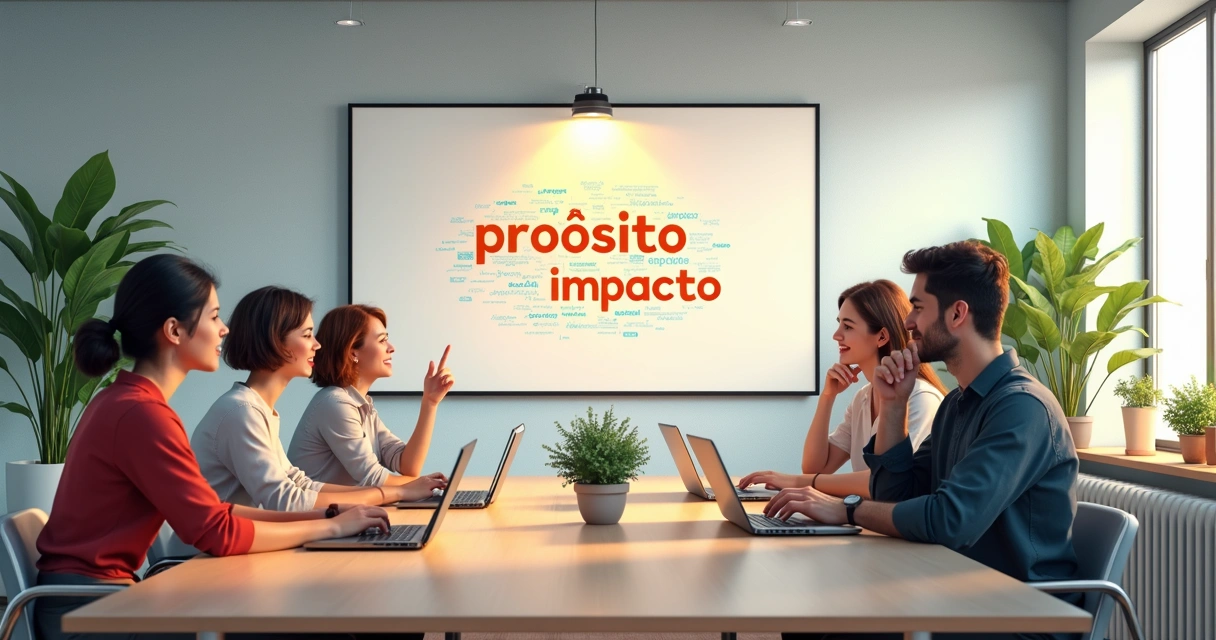 Equipe reunida refletindo sobre propósito e impacto em um ambiente de trabalho moderno 