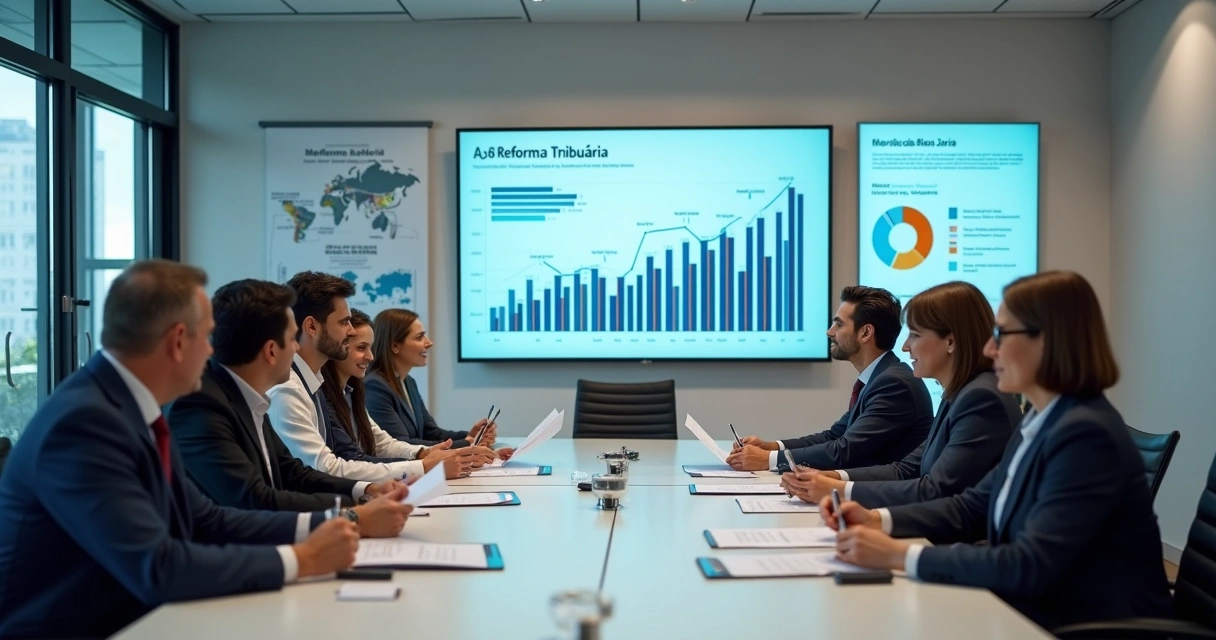 Reunião empresarial discutindo reforma tributária brasileira 