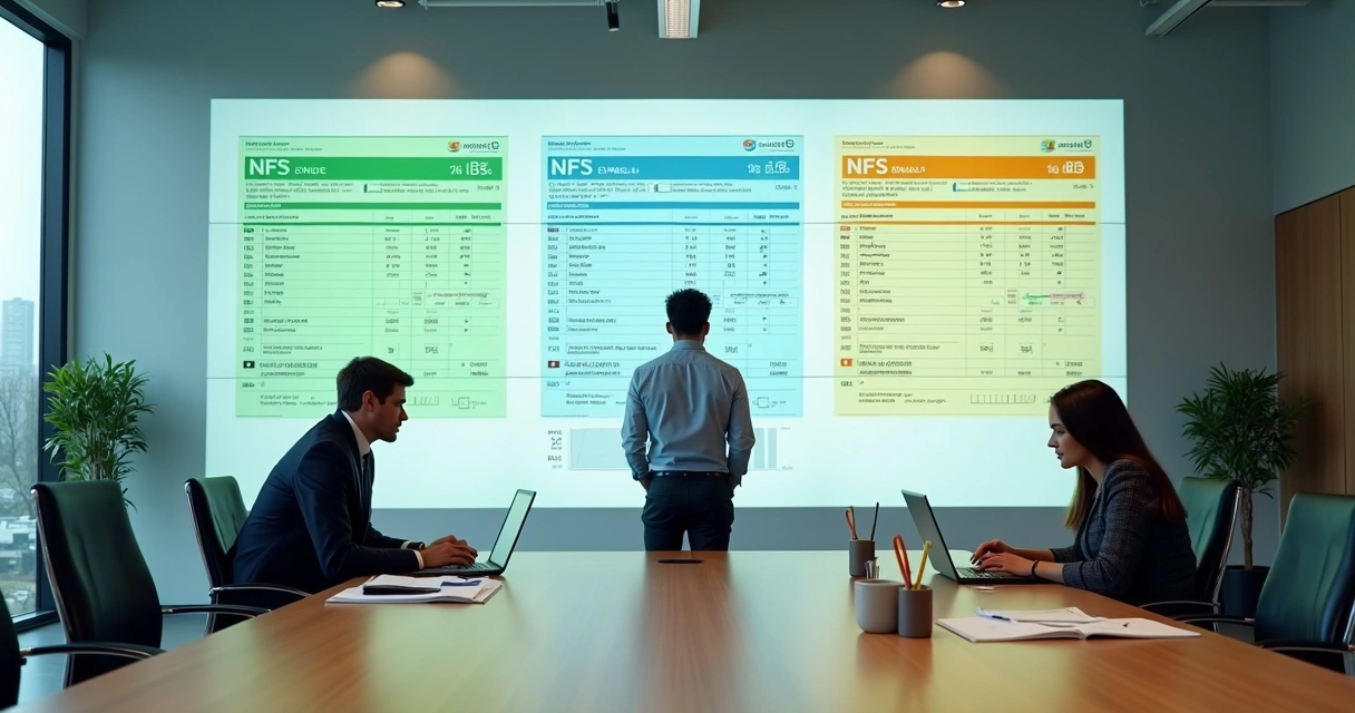 Profissionais analisam grandes notas fiscais digitais com gráficos de impostos em sala de reunião moderna 