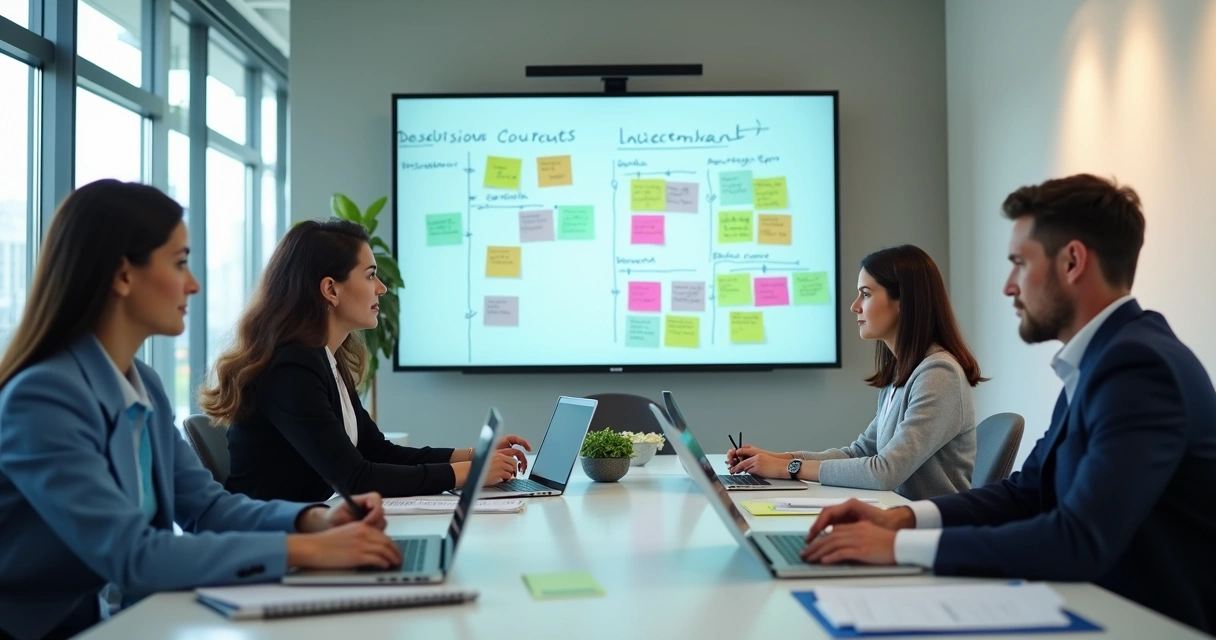 Reunião de equipe registrando decisões em ambiente corporativo