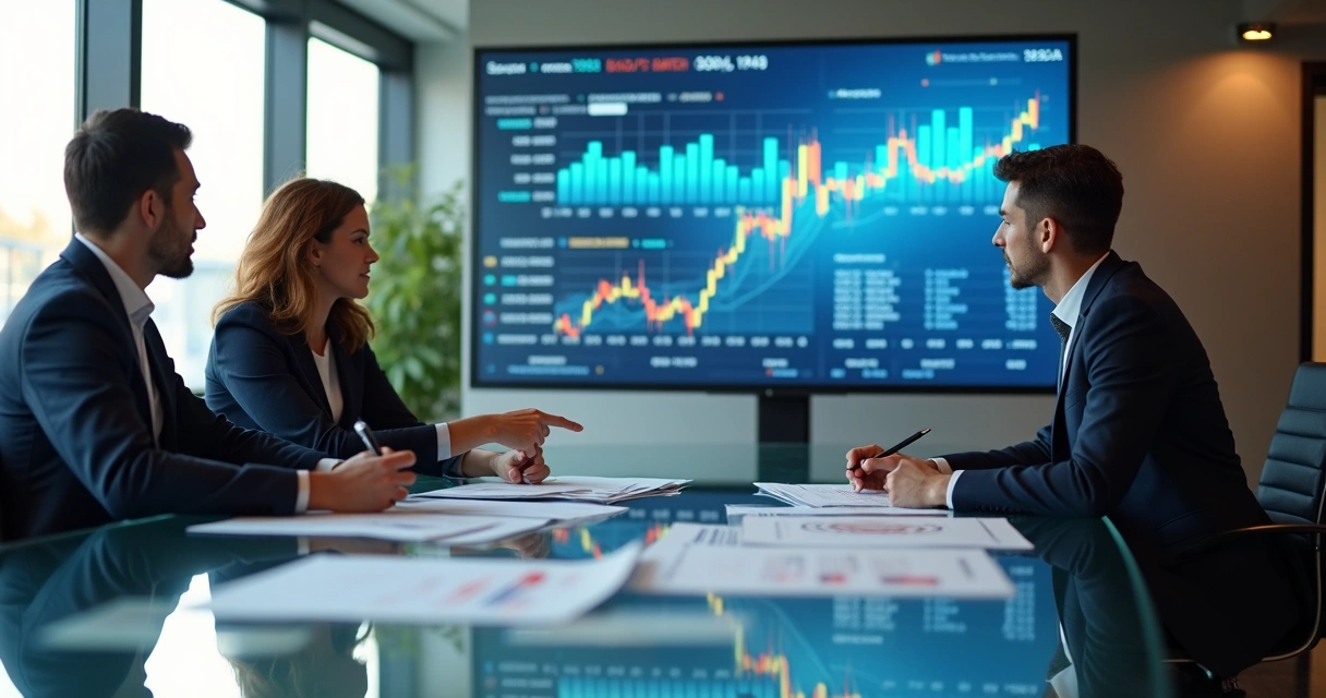 Profissionais em reunião analisando gráficos financeiros modernos numa tela. 