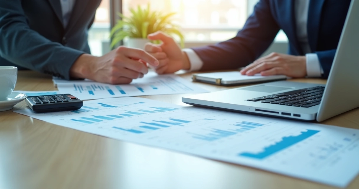 Reunião com análise de relatórios financeiros em escritório