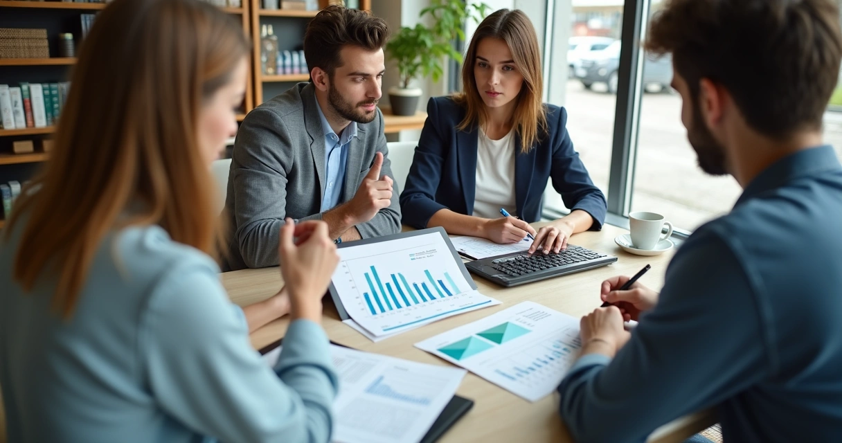 Equipe de loja analisando relatórios de vendas