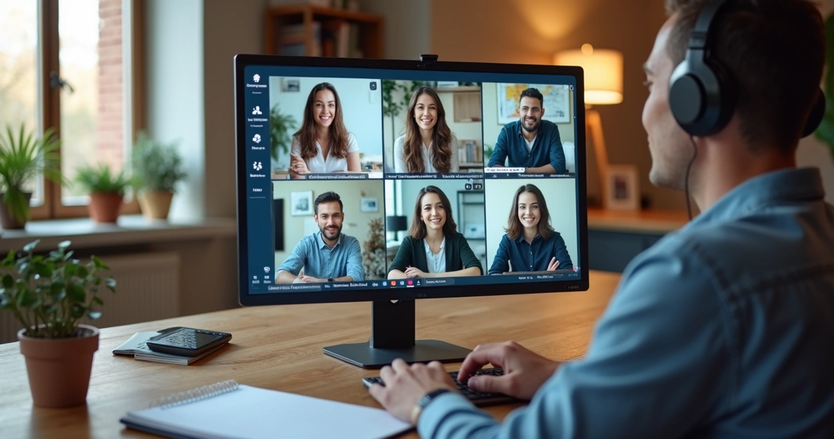 Equipe em videoconferência alinhando metas e valores 