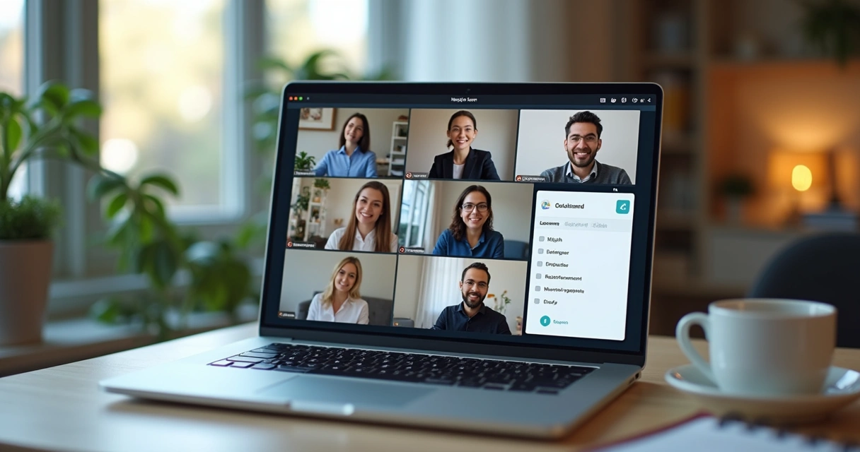 Equipe em videochamada com momento de check-in visual 