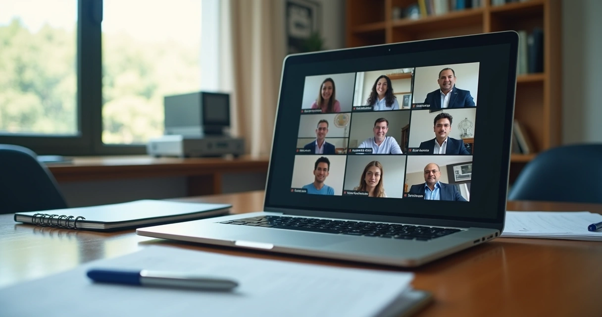 Reunião remota de conselho municipal em notebook com documentos digitais