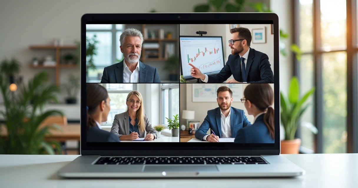 Profissionais em videoconferência discutindo finanças 