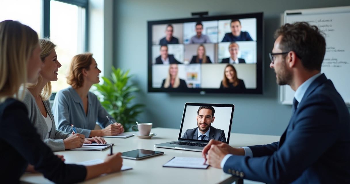 Equipe em reunião remota com telas conectadas 