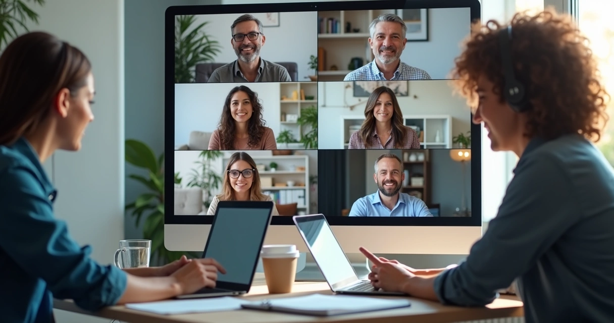 Equipe em videoconferência com interação colaborativa 