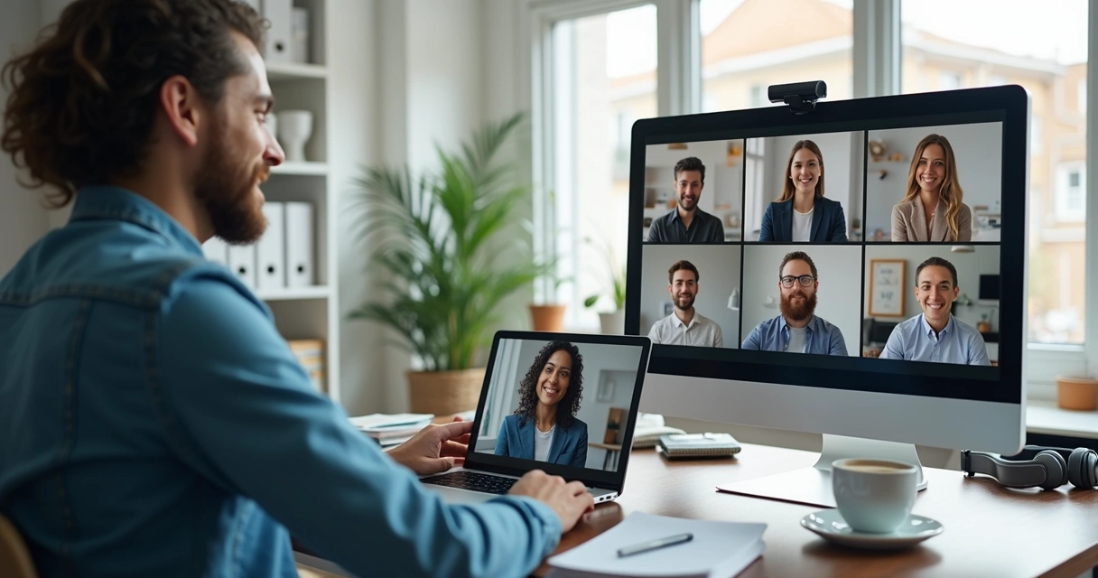 Equipe em videoconferência com pessoas em telas e anotações compartilhadas