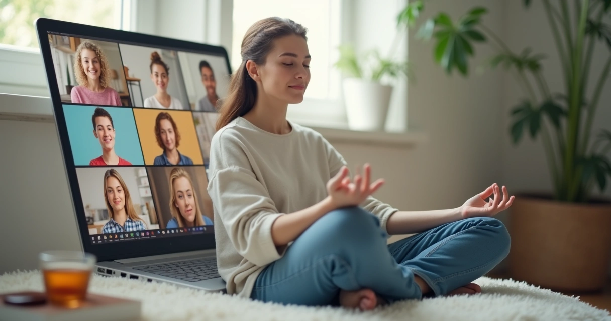 Pessoa em videochamada meditando com outras pessoas visíveis em janelas de videoconferência 