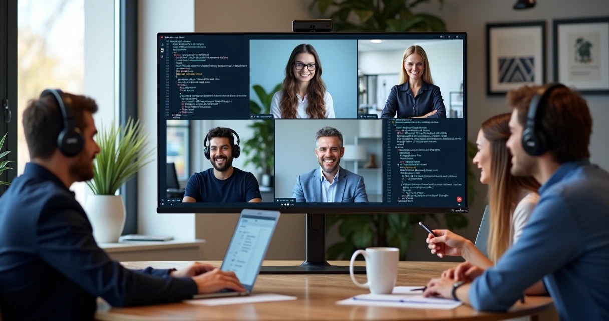 Time de profissionais SAP em reunião remota com gráficos salariais na tela.