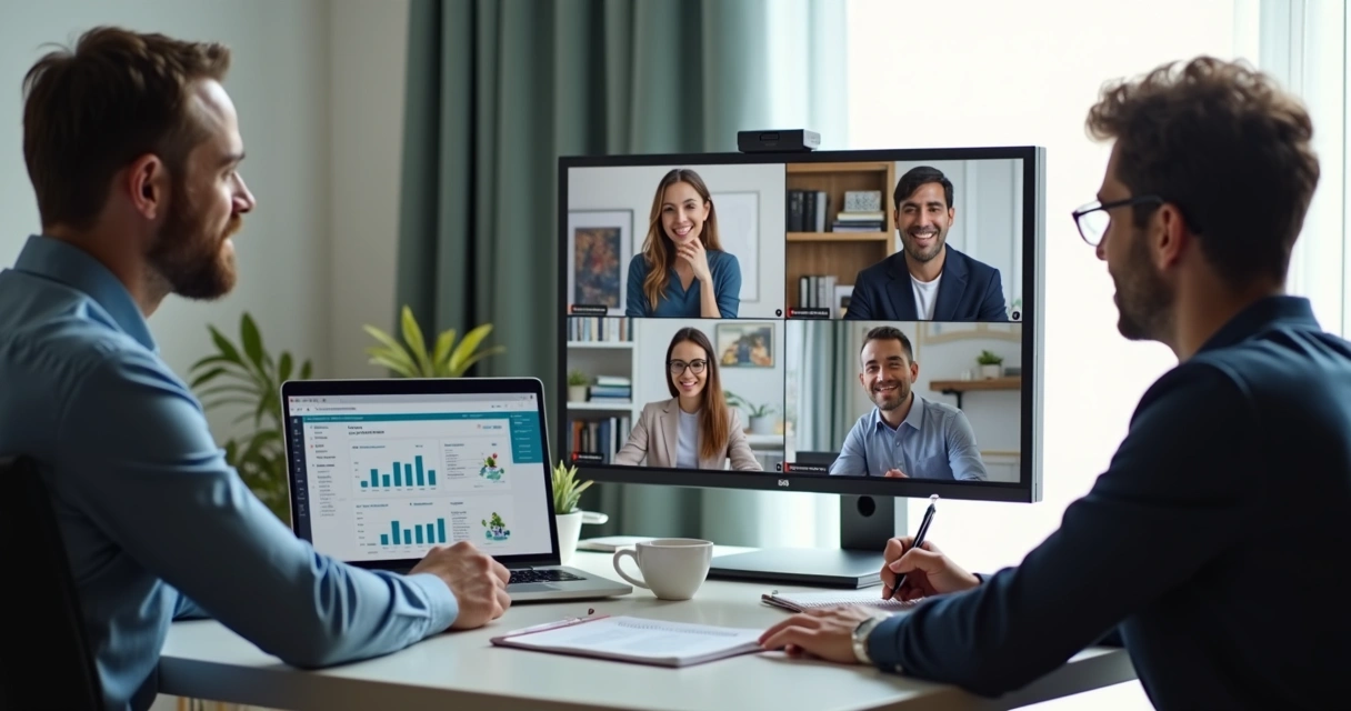 Equipe de vendas remota em reunião com dashboard na tela