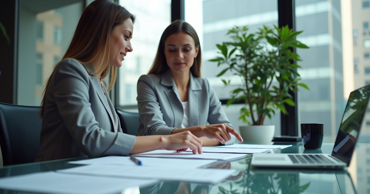 Duas pessoas em sala de reunião revisando contratos em notebook 
