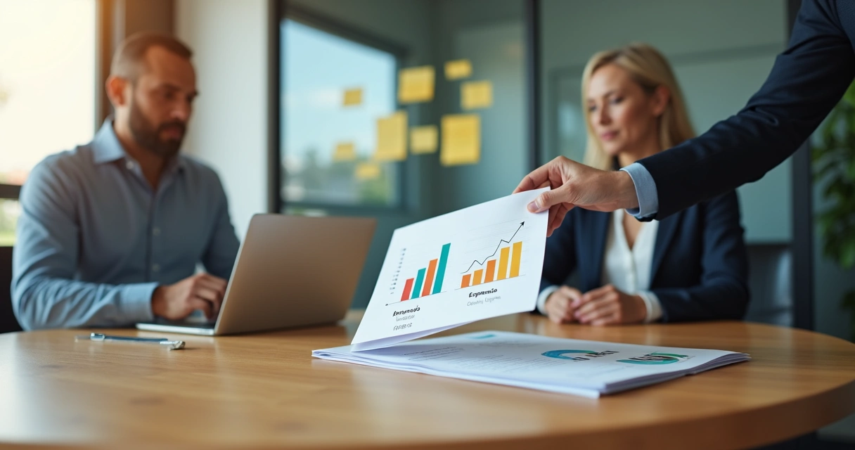 Gestor de PME em reuniao de renovacao anual destacando proposta de upsell sobre a mesa 