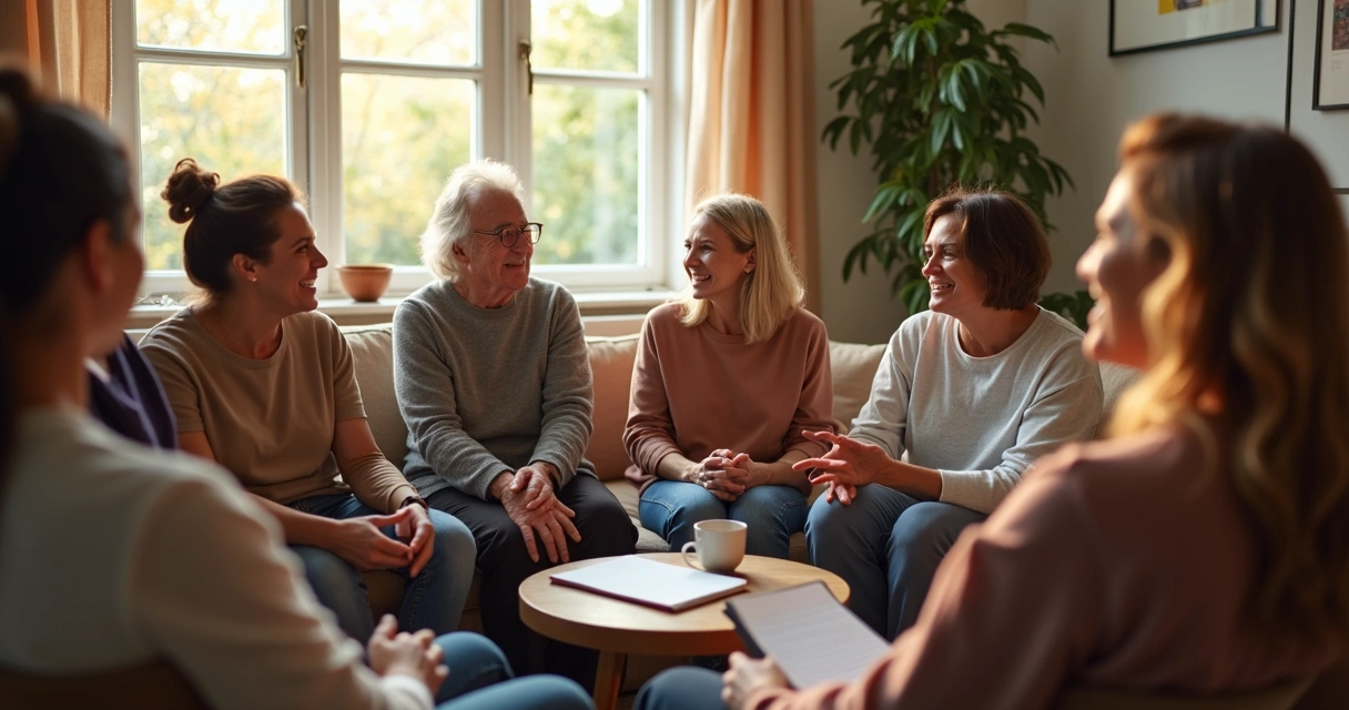 Grupo reunido em círculo conversando em ambiente de apoio coletivo 