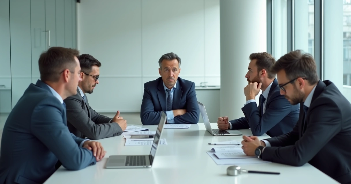 Grupo em reunião tensa, expressando resistência ao diálogo com posturas fechadas 