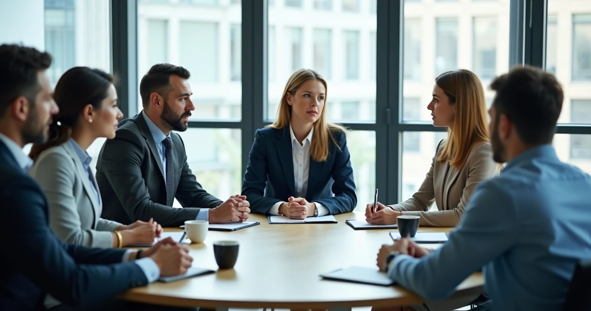 Equipe em reunião com mediação respeitosa no escritório