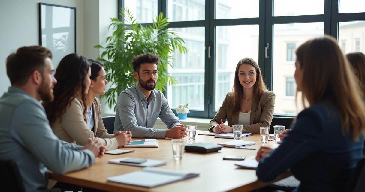 Equipe em reunião com escuta atenta e clima respeitoso