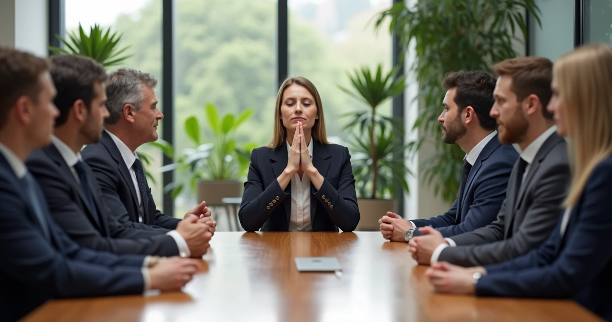 Pessoa praticando respiração alternada discretamente durante reunião 
