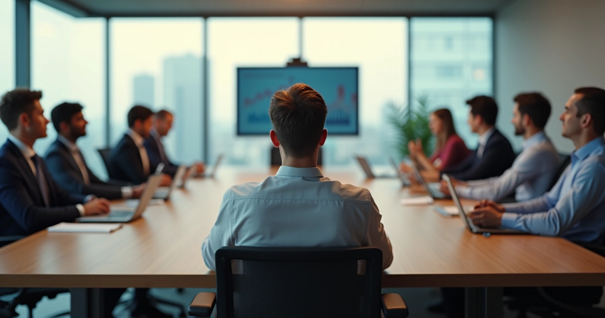 Executivo respirando profundamente em reunião tensa 