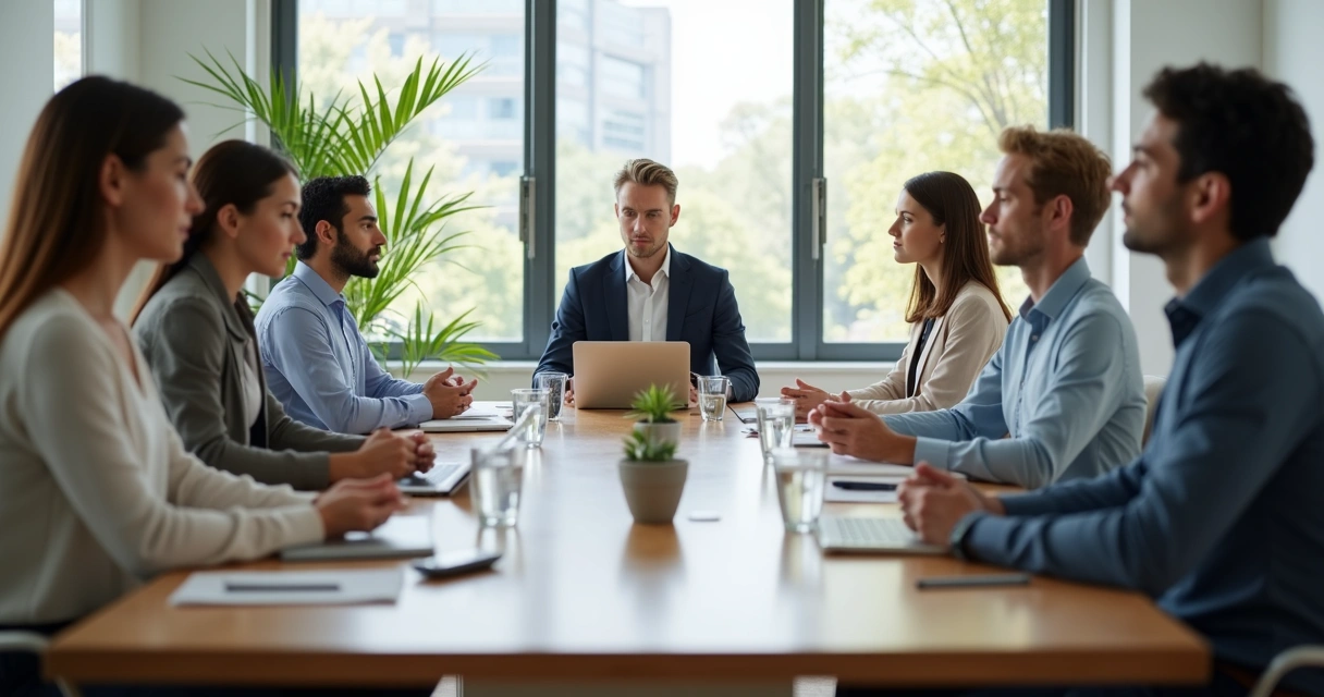 Equipe em reunião fazendo pausa de respiração antes da conversa