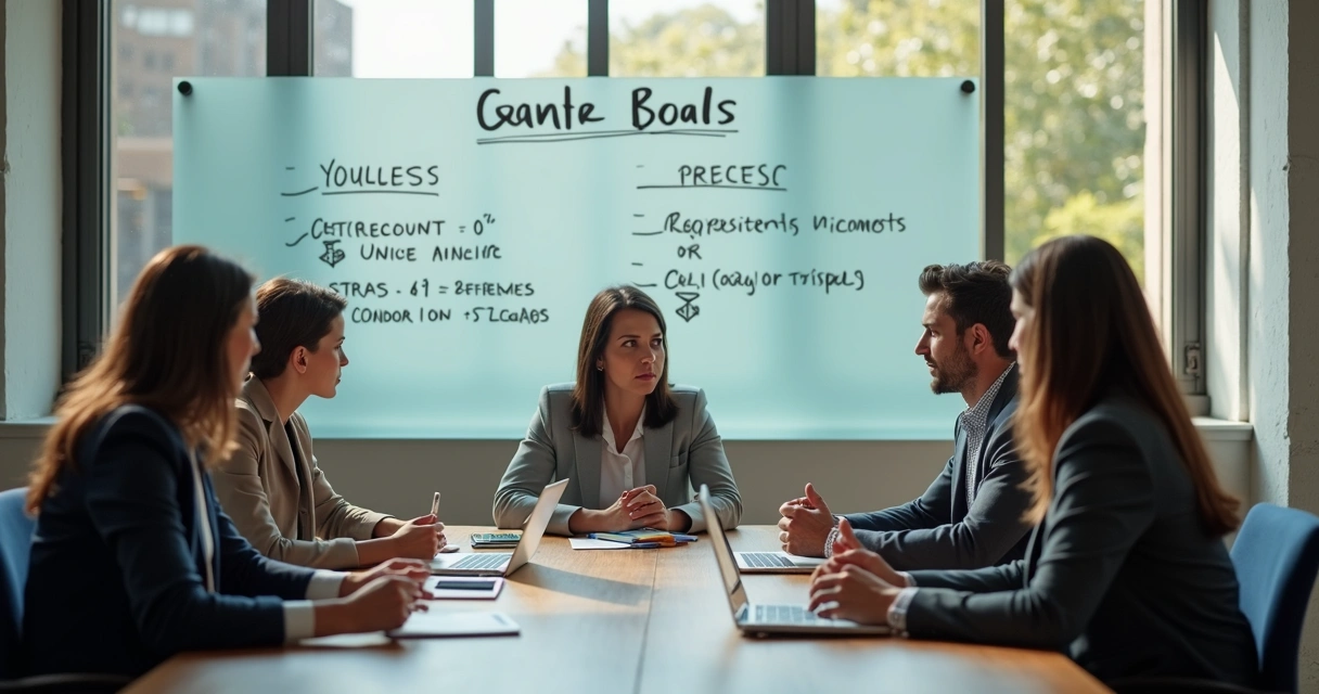 Equipe em reunião com metas visíveis em quadro 