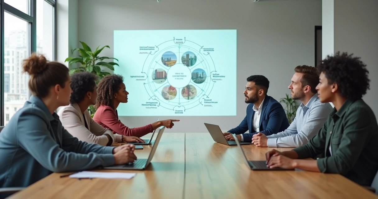 Equipe em reunião discutindo responsabilidade sistêmica na empresa 
