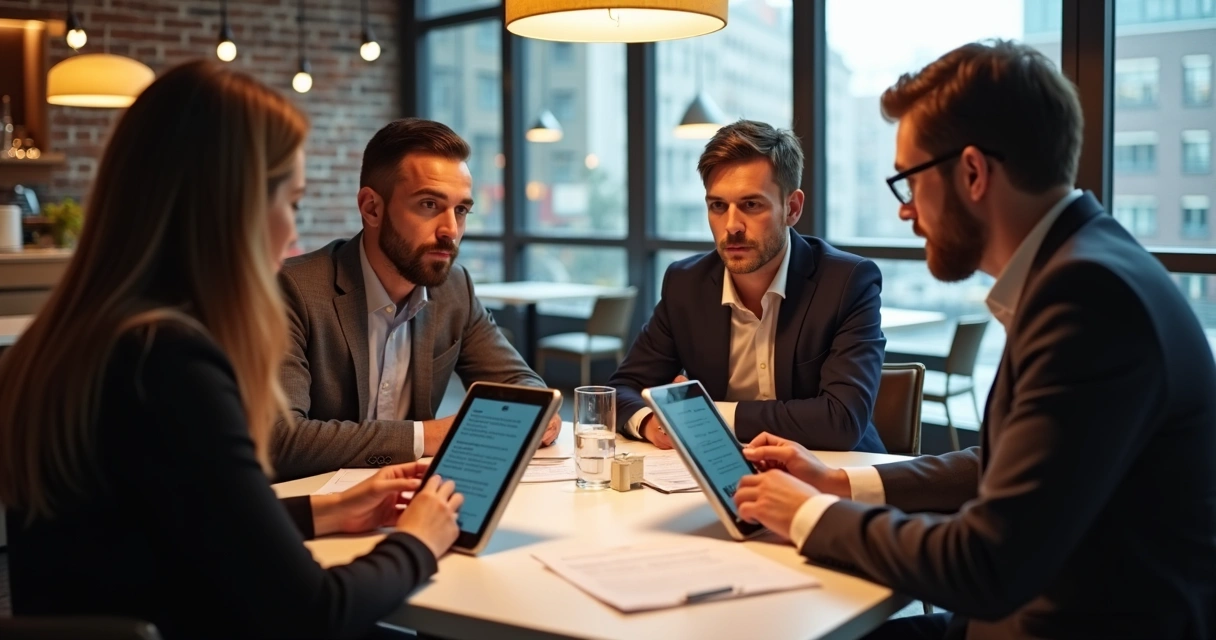Time de restaurante em reunião com consultores sobre plataformas de delivery. 