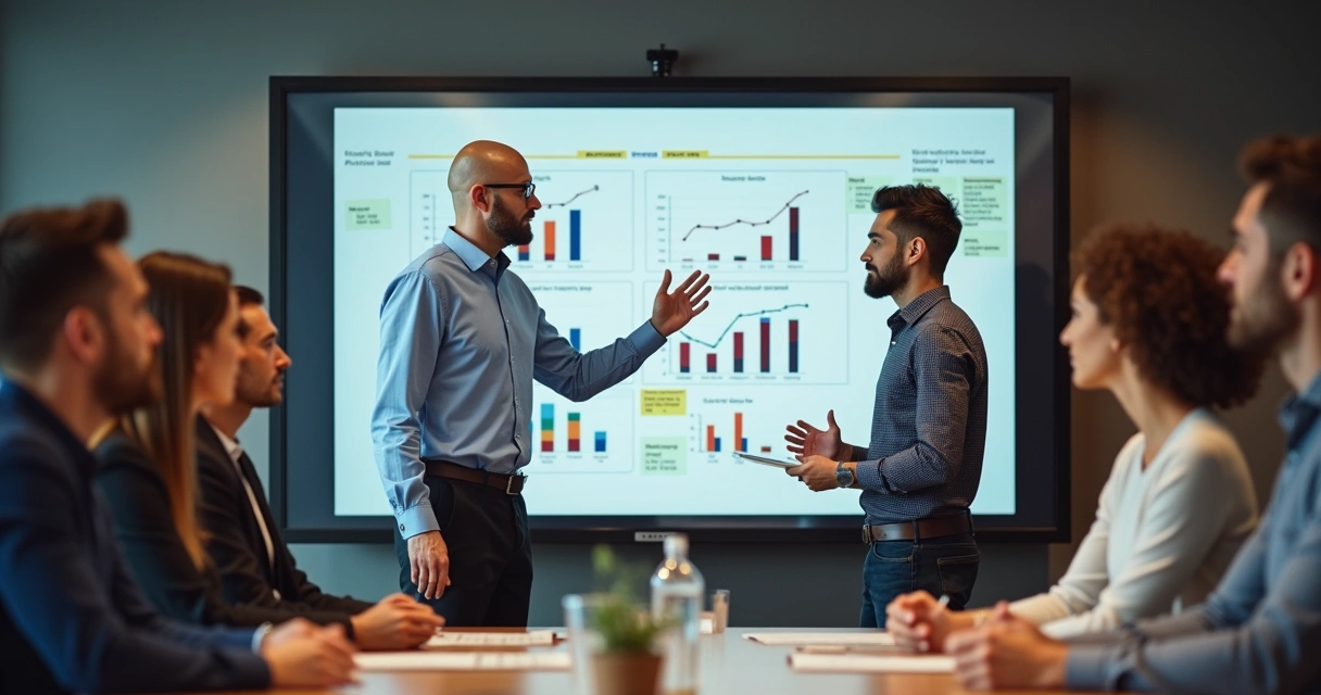 Gestor analisando resultados de treinamento de vendas com equipe em sala de reunião 