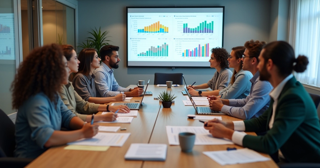 Equipe reunida em sala analisando resultados de pesquisa organizacional 