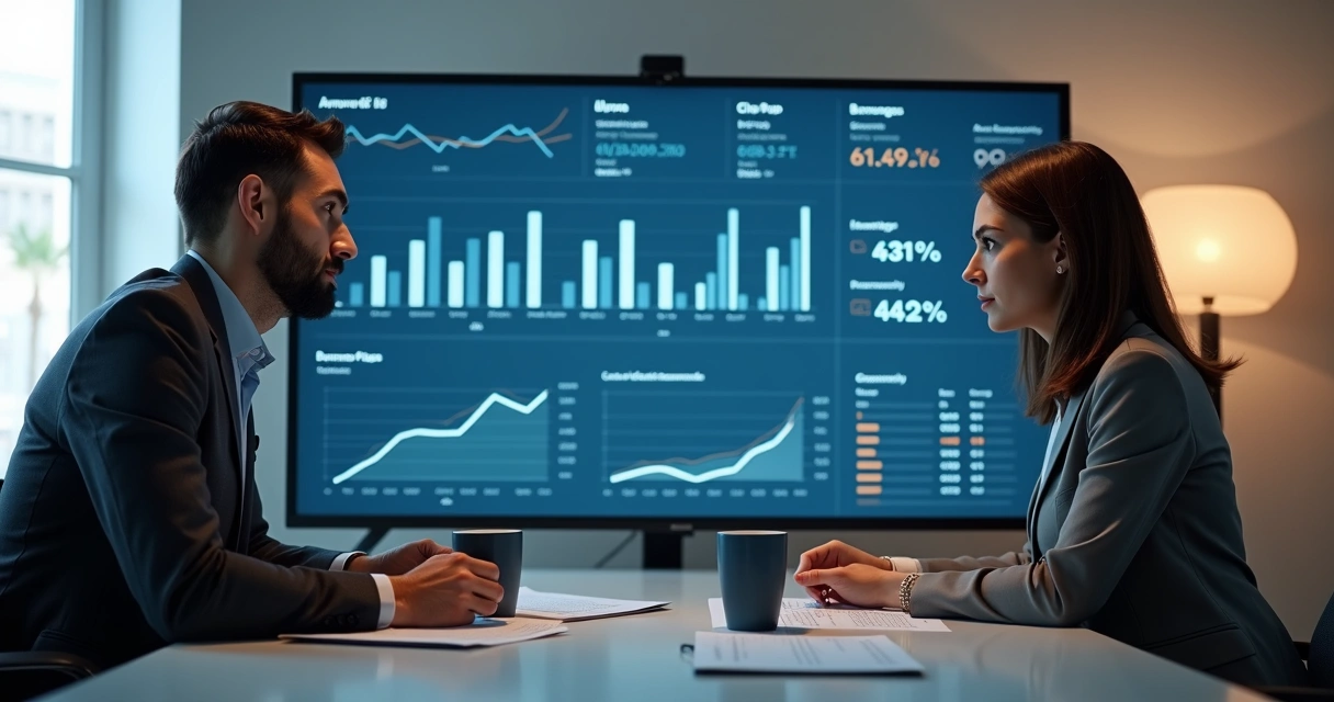 Reunião entre gestor e cliente debatendo números na tela