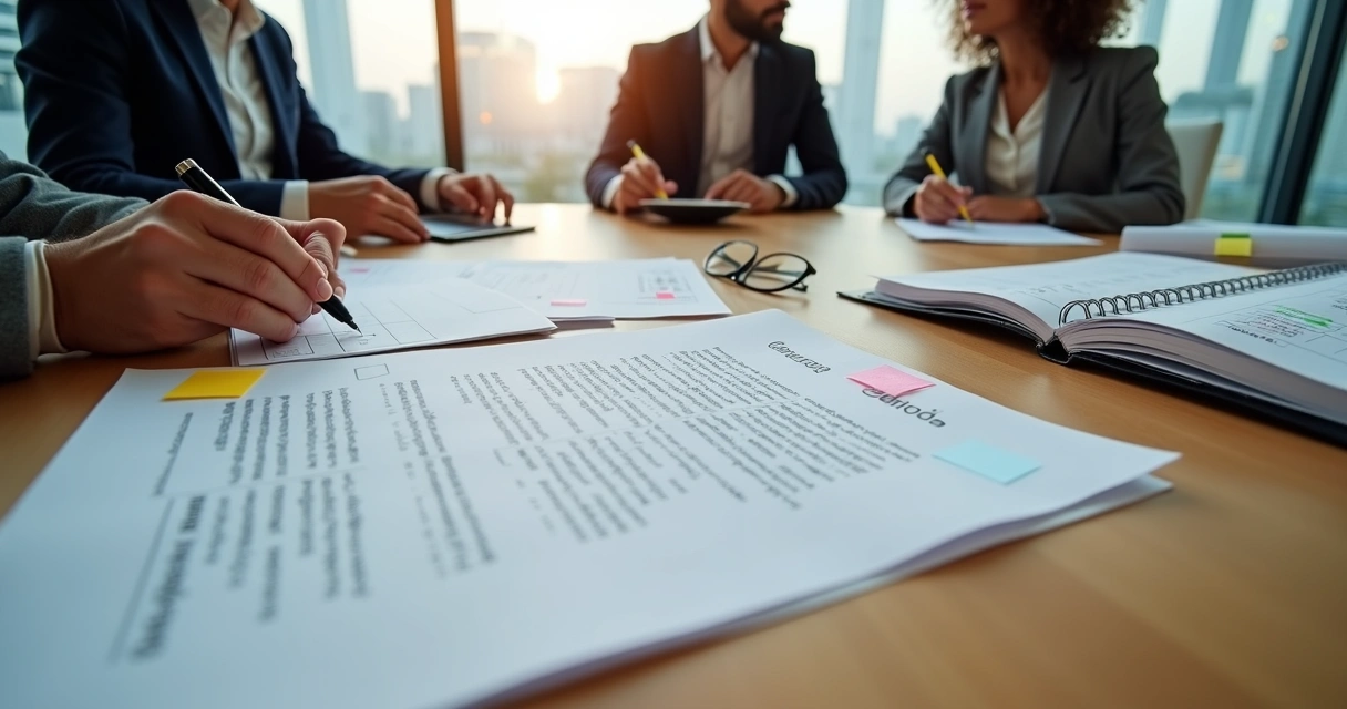 Equipe revisando contrato de prestação de serviço em mesa redonda com destaque para cláusulas marcadas 