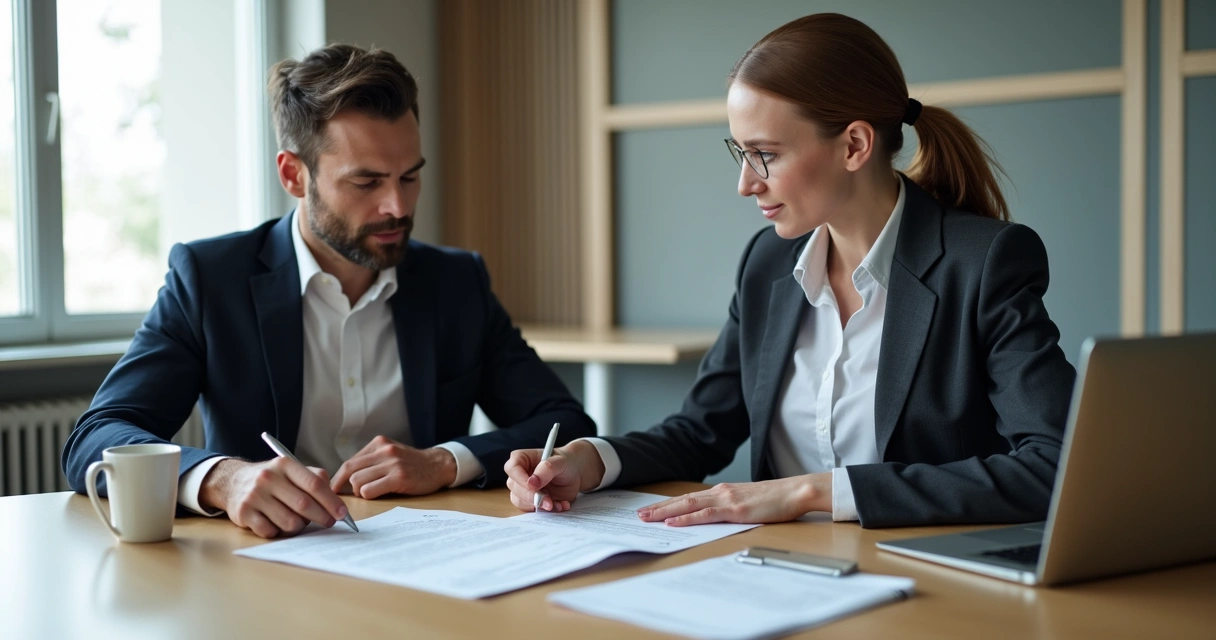 Duas pessoas em reunião analisando contrato na mesa 