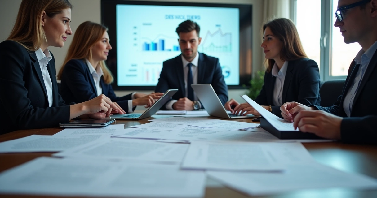 Advogados reunidos revisando contratos em uma mesa com documentos e computadores 