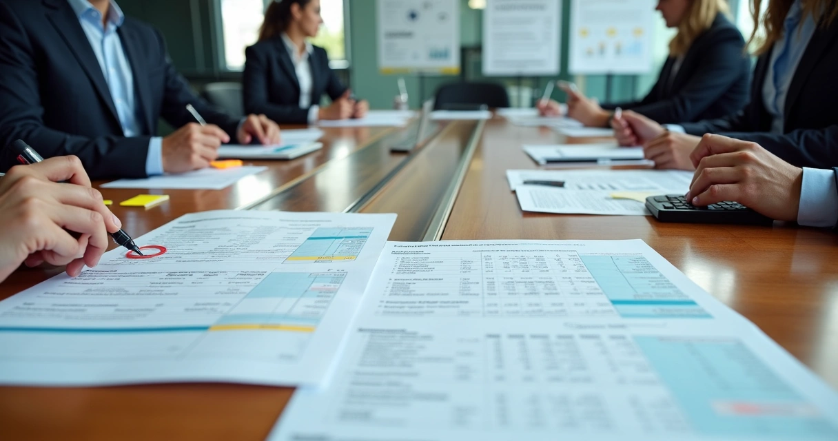 Equipe revisando demonstrações contábeis impressas em mesa grande de reunião 