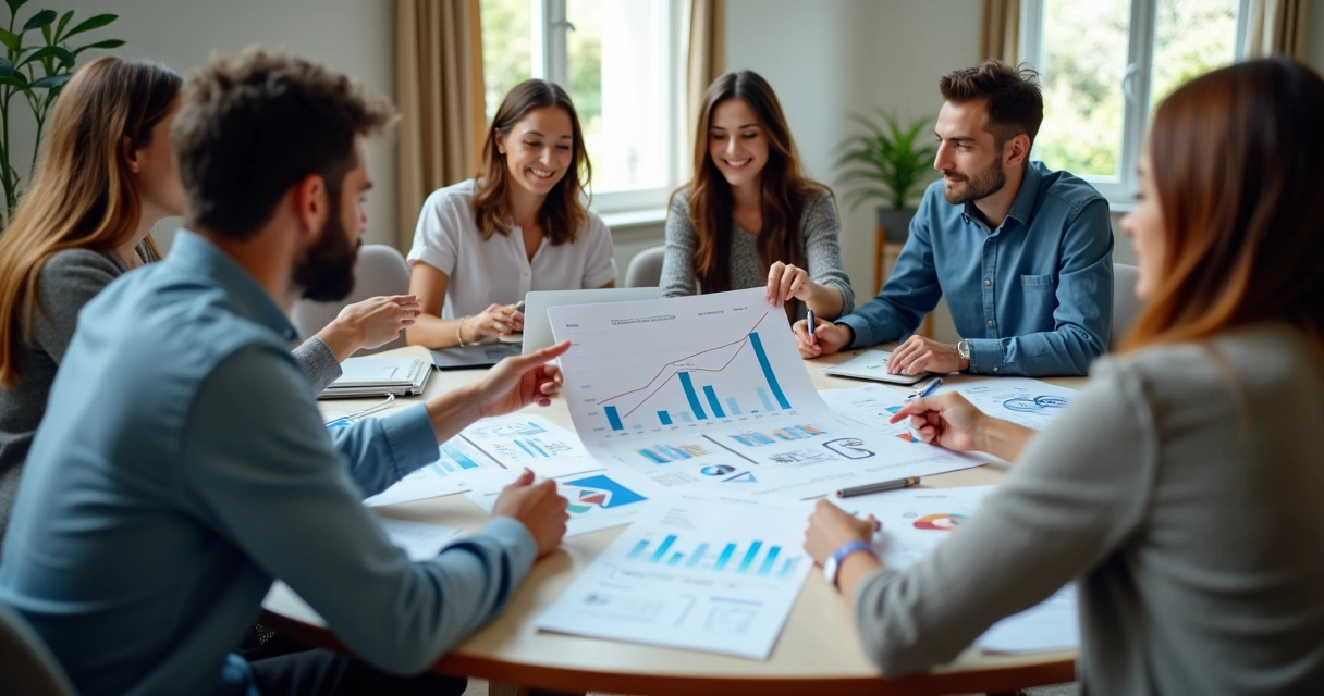 Equipe de agência reunida analisando melhorias no funil de vendas