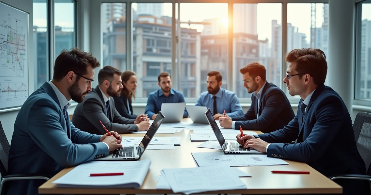 Reunião de engenheiros revisando laudo técnico 