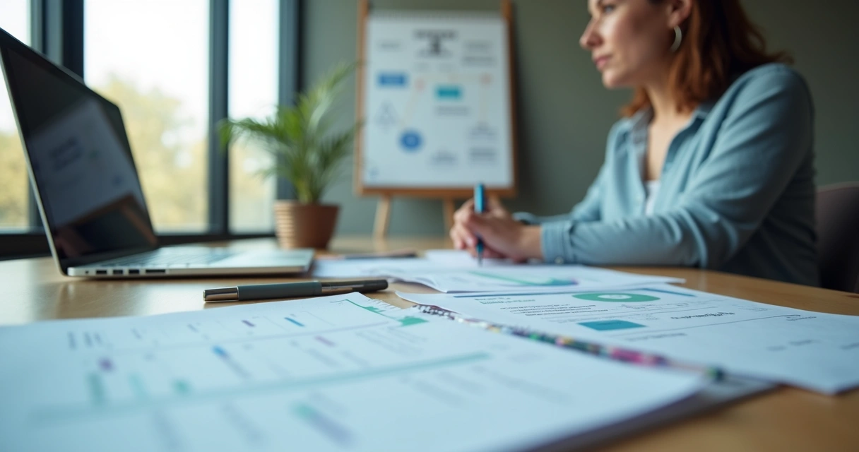 Pessoa revisando metas com gráficos e anotações em reunião