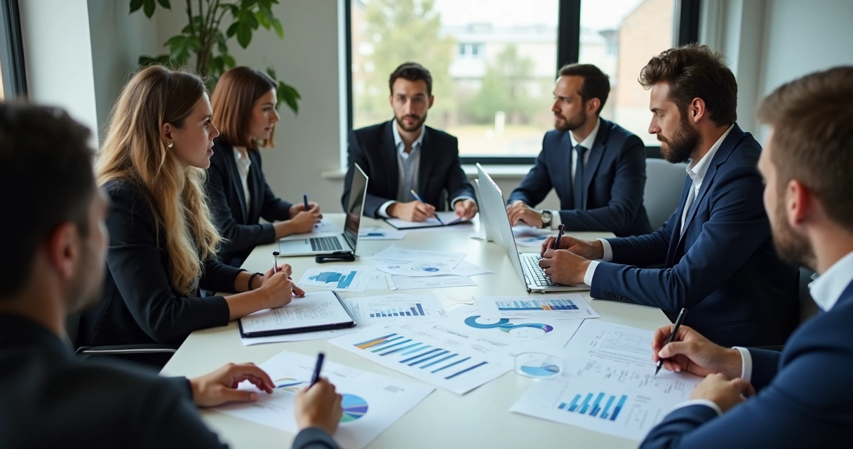 Reunião de empresários analisando indicadores de vendas impressos, gráficos, e ajustando estratégias trimestrais em uma sala de reunião. 