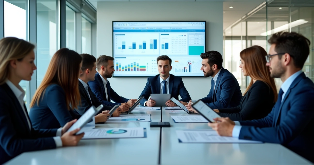 Equipe de RH analisando gráficos na sala de reunião