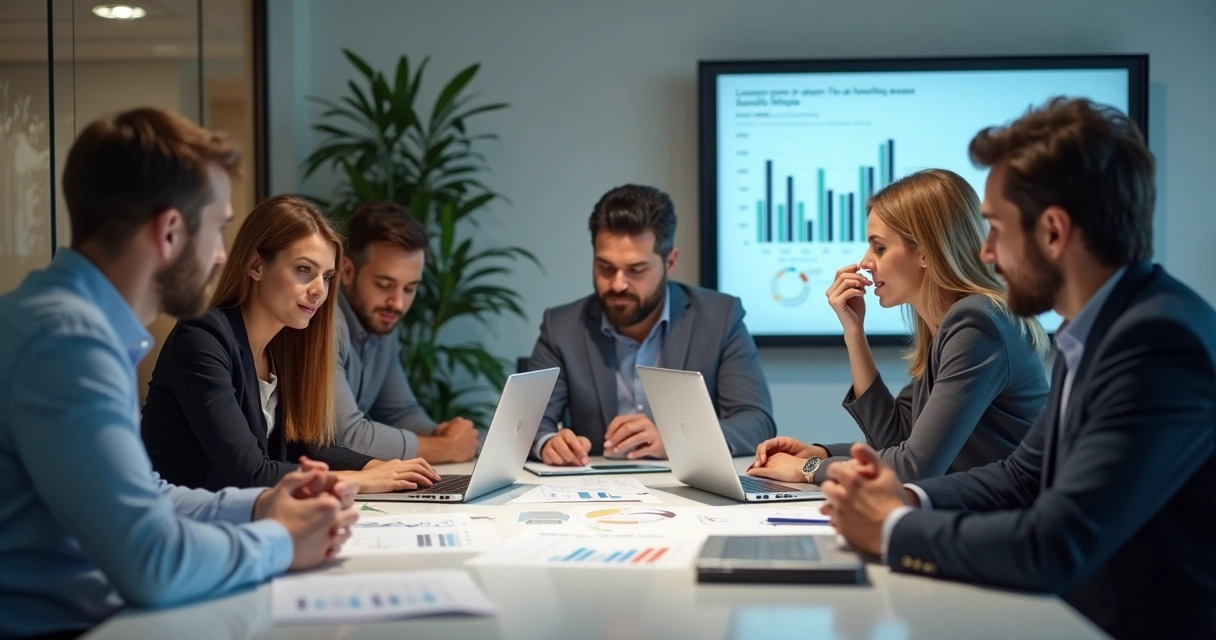 Equipe de RH discutindo estratégias em reunião com gráficos de analytics na mesa 