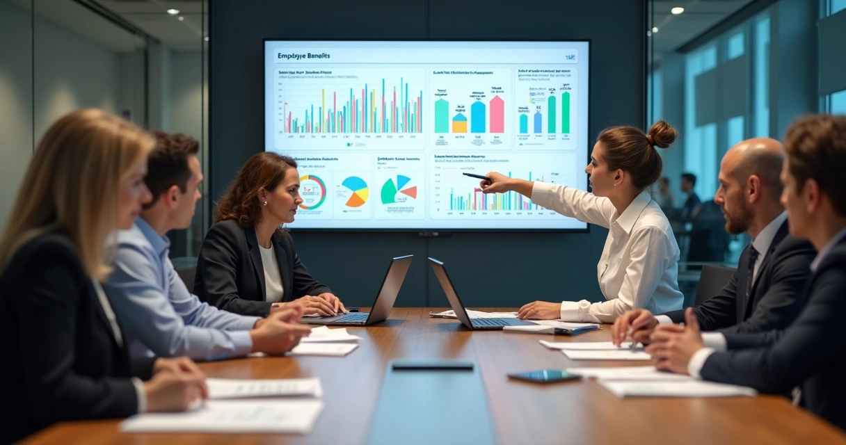 Equipe reunida em sala analisando benefícios corporativos em quadro de métricas 